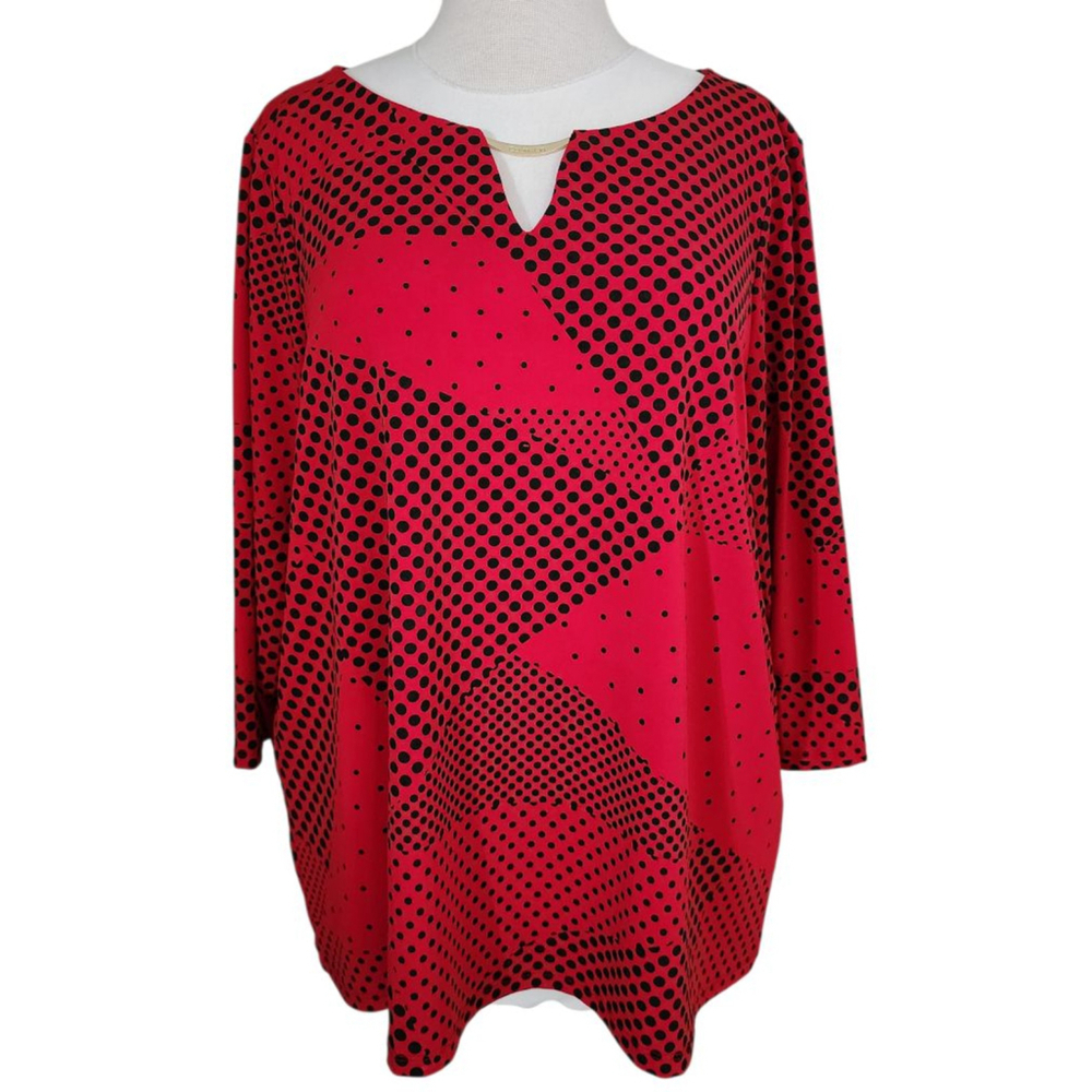 Calvin Klein 1X Red Black Polka Dot Blouse Keyhole Neck 3/4 Sleeve Tunic Top